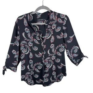 Ivanka Trump Black Paisley Print 3/4 Tie Sleeve Button Front Blouse Medium
